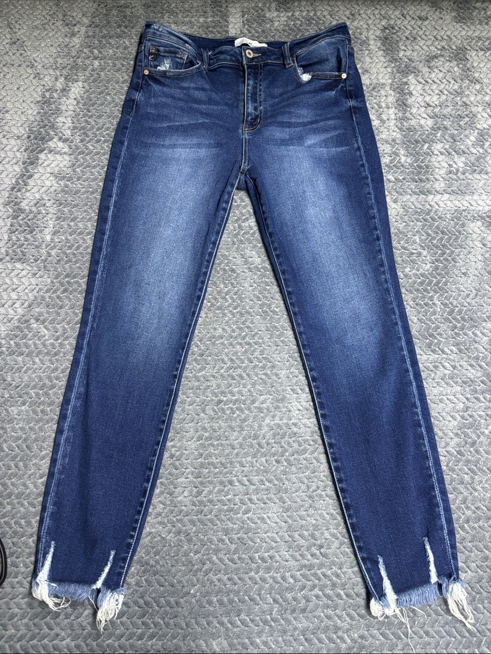 KanCan Dark Blue Ankle Skinny Jeans with Distressed Frayed Hem